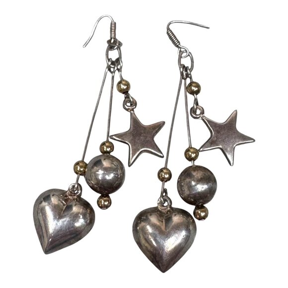 Modernist Signed SU Sterling Silver 925 Heart & Star Dangle Earrings Celestial - Picture 3 of 6